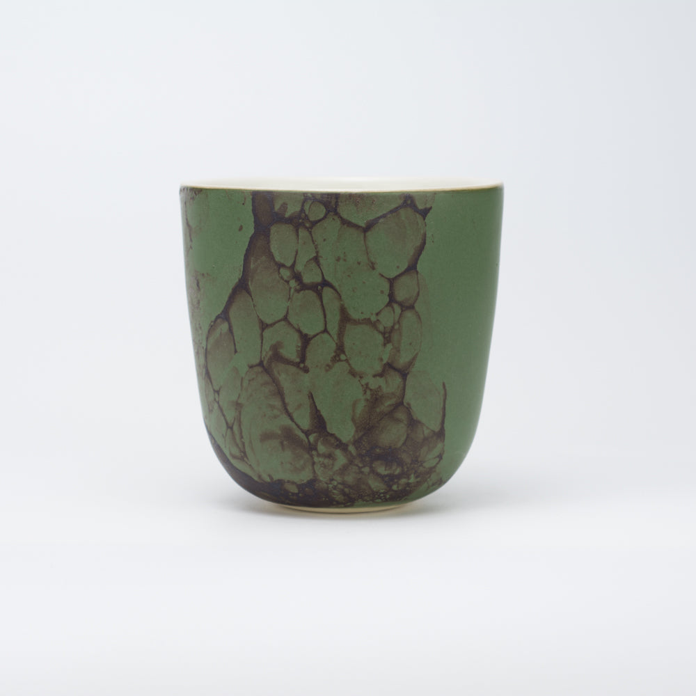 Handmade Porcelain Coffee Cup | MK Studio | Brown on green